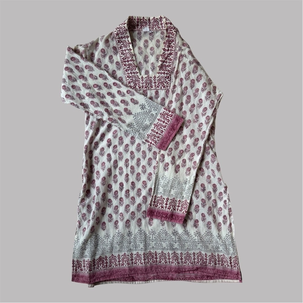 Kilol Cotton Block Print Kurta Tunic Mauve Floral Long Sleeve Top Medium